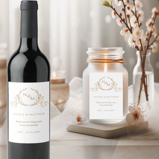 Elegant White and Gold Monogrammed Wedding Wine Label (Creator Uploaded)