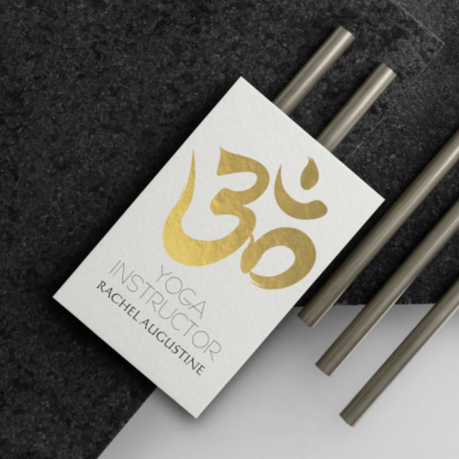 Elegant White and Gold Om Symbol Yoga Instructor Business Card (Creator Uploaded)