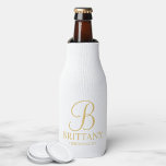 Elegant White and Gold Personalised Bridesmaid Bottle Cooler<br><div class="desc">Elegant Black and White Personalised Bridesmaid Gifts featuring personalised monogram in gold elegant script font style with bridesmaid's name and title in gold classic serif font style. Also perfect for Maid of Honour, Flower Girl, Mother of the Bride and more. Please Note: The foil details are simulated in the artwork....</div>