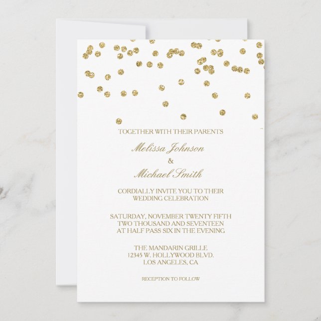 Elegant White and Gold Polka-dots Confetti Wedding Invitation (Front)