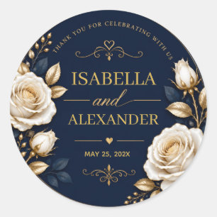 Elegant White and Gold Rose on Navy Blue Classic Round Sticker