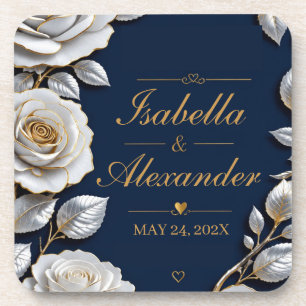 Elegant White and Gold Rose on Navy Blue  Coaster