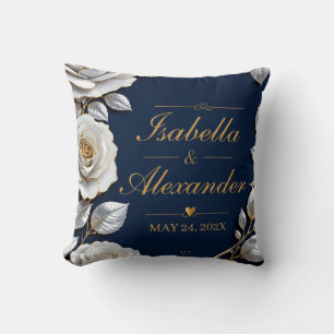 Elegant White and Gold Rose on Navy Blue  Cushion