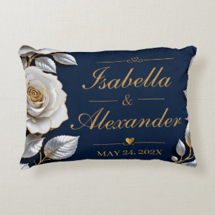 Elegant White and Gold Rose on Navy Blue  Decorative Cushion