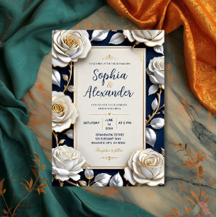 Elegant White and Gold Rose on Navy Blue  Invitation