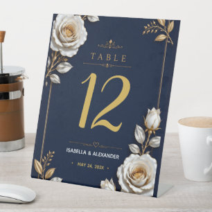 Elegant White and Gold Rose on Navy Blue Pedestal Sign