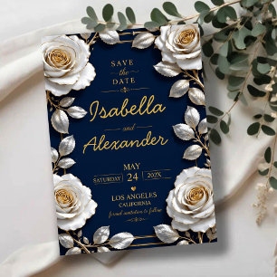Elegant White and Gold Rose on Navy Blue Save The Date
