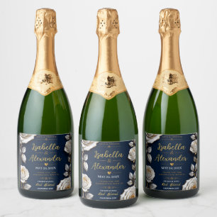 Elegant White and Gold Rose on Navy Blue Sparkling Wine Label