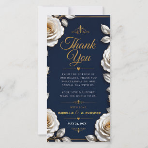 Elegant White and Gold Rose on Navy Blue Thank You Card