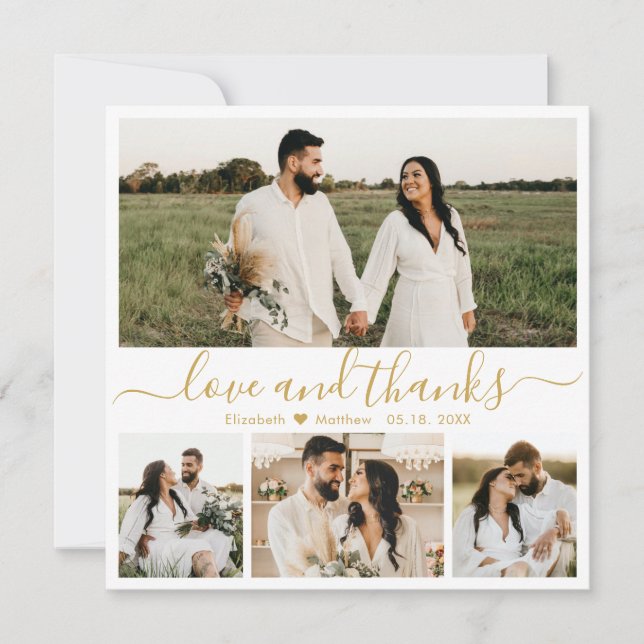 Elegant White and Gold Script Photo Wedding Thank You Card (Front)