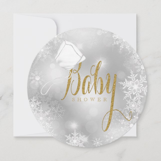 Elegant White and Gold Snowflake Baby Shower Invitation (Front)