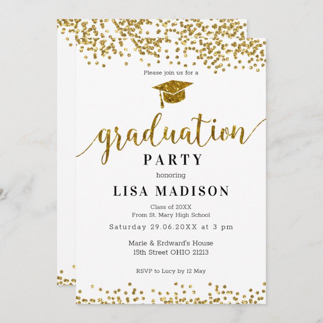 Elegant White and Gold Sparkle Glitter Graduation Invitation (Front/Back)