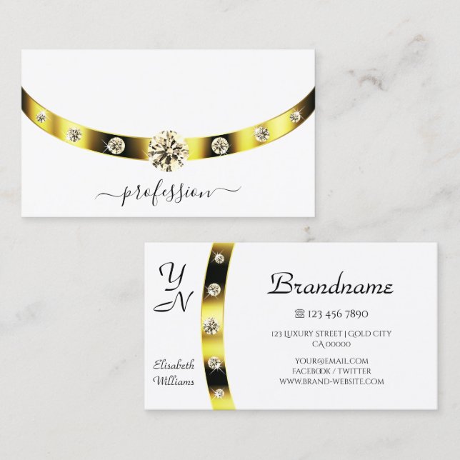 Elegant White and Gold Sparkling Diamonds Monogram Business Card (Front/Back)