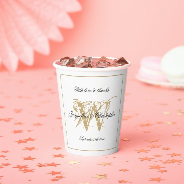 Elegant White And Gold Wedding Monogram Name Chic Paper Cups (Insitu)