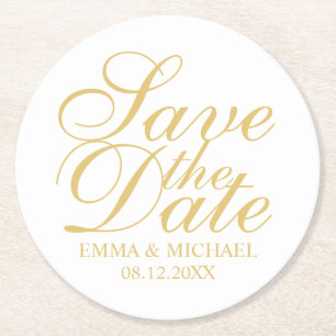 Elegant White and Gold Wedding Save the Date Round Paper Coaster