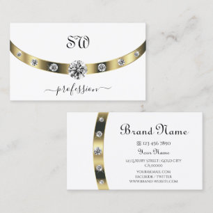 Elegant White and Gold with Initials Rhinestones Business Card