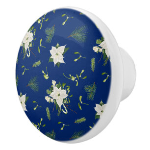 Elegant White and Green Floral Illustrated on Navy Ceramic Knob