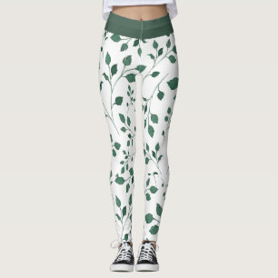 Elegant White and Green Leaf Pattern Print Leggings