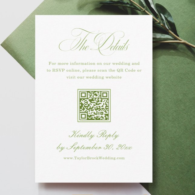 Elegant White and Green Wedding Details Qr Code Enclosure Card (Creator Uploaded)