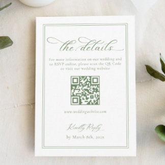 Elegant White and Green Wedding Details Qr Code Enclosure Card