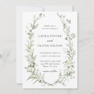 Elegant White and Green Wildflower Wreath Wedding Invitation