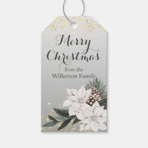 Elegant White and Green Winter Floral Christmas Gift Tags