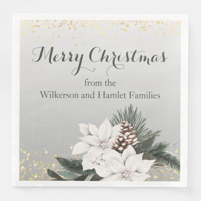 Elegant White and Green Winter Floral Christmas Napkin (Front)