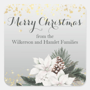Elegant White and Green Winter Floral Christmas Square Sticker