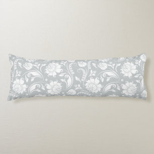 Elegant White And Grey Floral Damask Body Cushion