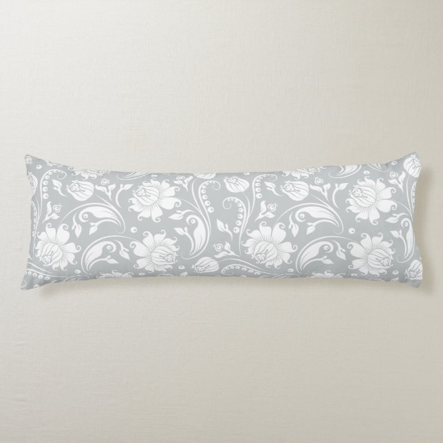 Elegant White And Grey Floral Damask Body Cushion (Front)