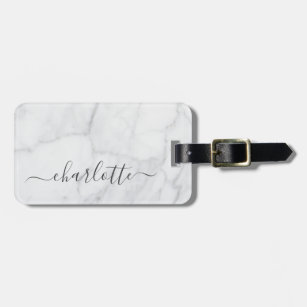 Elegant White and Grey Marble Script Personalised Luggage Tag