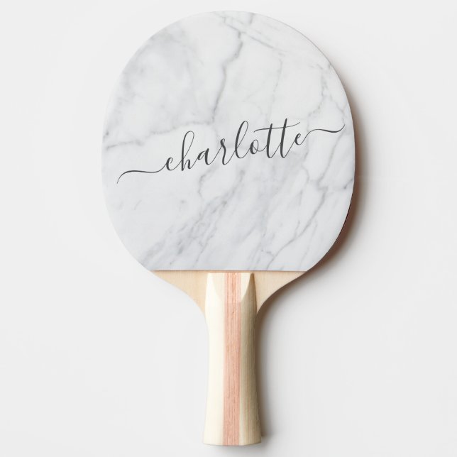 Elegant White and Grey Marble Script Personalised Ping Pong Paddle (Front)