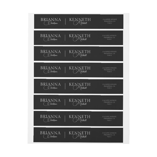 Elegant White and Grey Script on Black Wedding Wrap Around Label (Sheet)