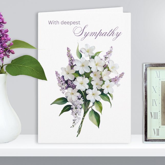 Elegant White and Lilac Flowers Deepest Sympathy Card (An elegant floral sympathy card in a traditional style, with picture of a simple bouquet)