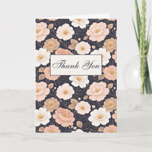 Elegant White and Muted Pink Flowers on Dark Navy Thank You Card