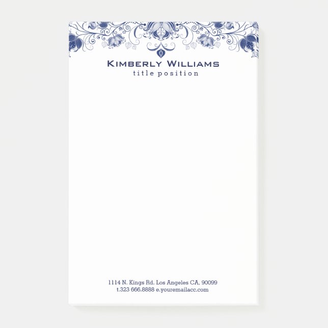 Elegant White And Navy-Blue Floral Lace Post-it Notes (Front)
