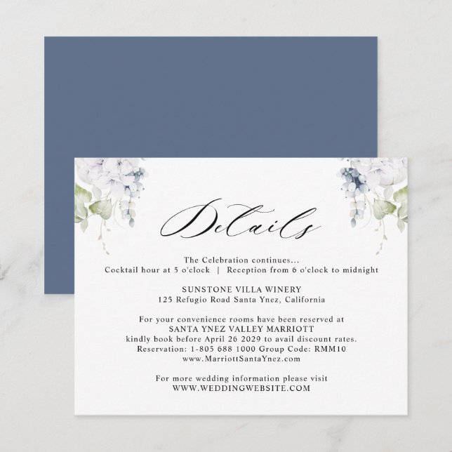 Elegant White and Navy Blue Floral Wedding Details Enclosure Card (Front/Back)