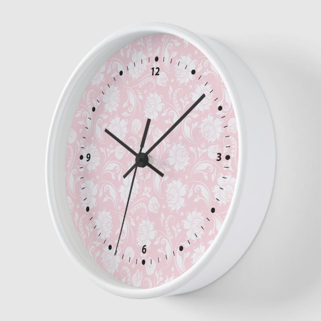Elegant white and pale pink floral damask pattern clock (Angle)