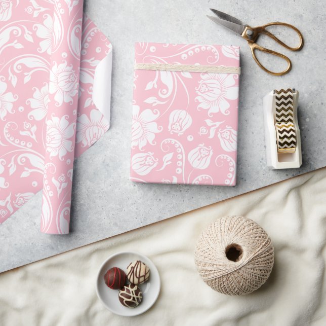 Elegant white and pale pink floral damask pattern wrapping paper (Crafts)