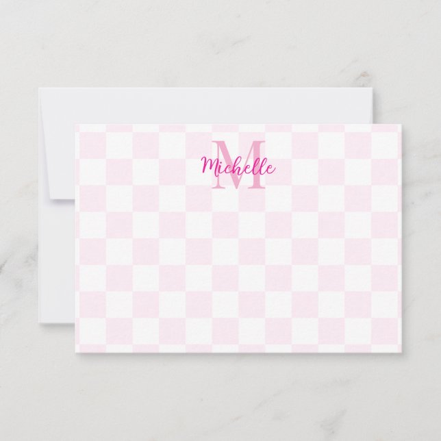 Elegant White and Pink Checkerboard Custom Name Card (Front)