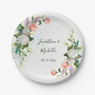 Elegant White and Pink Oil Paint Roses Wedding Paper Plate