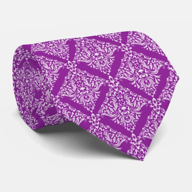 Elegant White And Purple Floral Damasks Tie (Rolled)