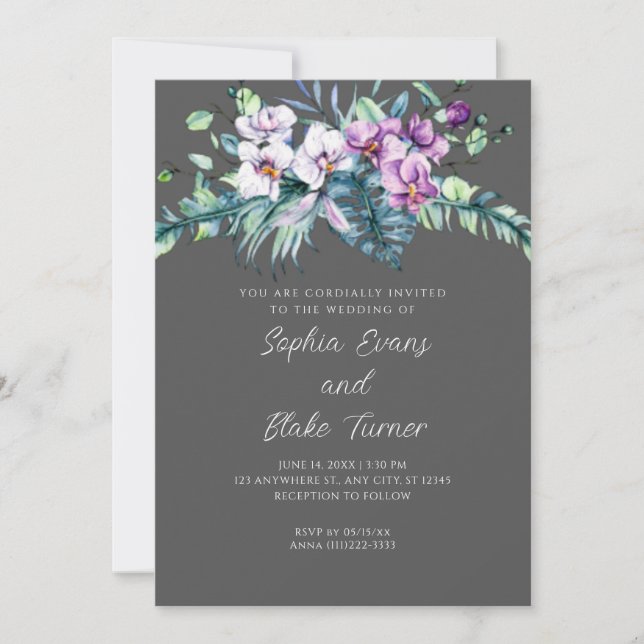 Elegant White and Purple Floral Grey Wedding Invitation (Front)