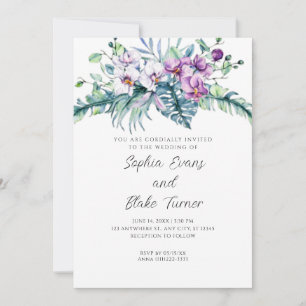Elegant White and Purple Floral White Wedding Invitation