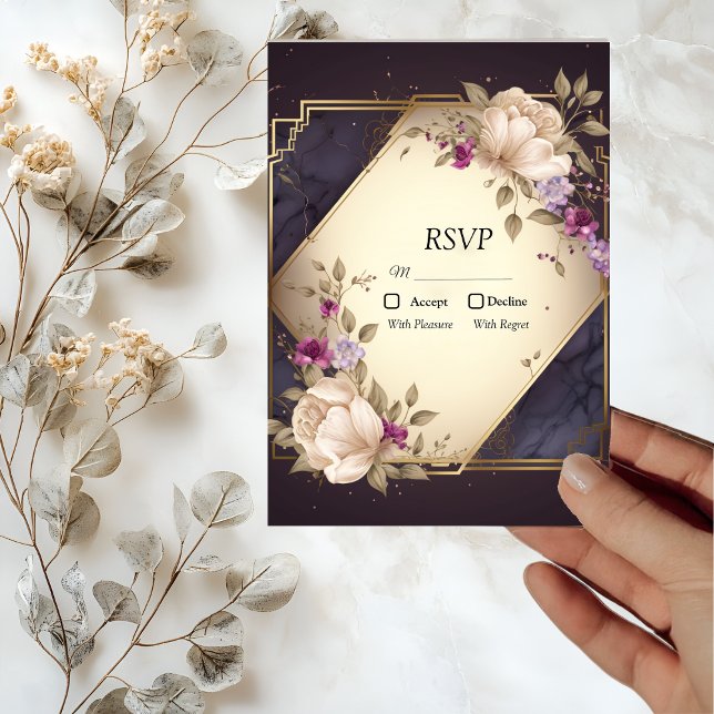 Elegant White and Purple Flowers on Marble RSVP Card (Creator Uploaded)