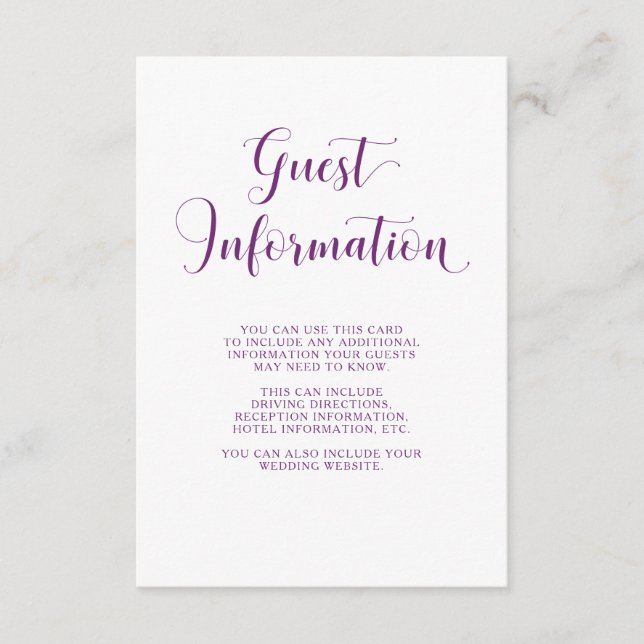 Elegant White and Purple Typography Guest Details Enclosure Card (Front)