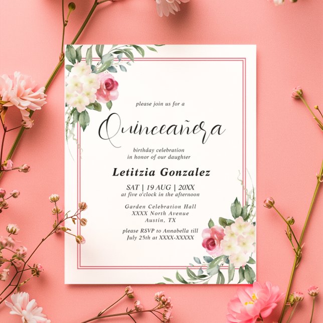 Elegant White and Red Floral Quinceañera Invitation (Creator Uploaded)