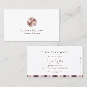 Elegant White and Rose Gold Circle with Logo Chic Business Card
