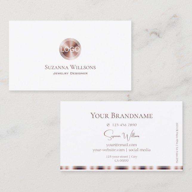 Elegant White and Rose Gold Circle with Logo Chic Business Card (Front/Back)