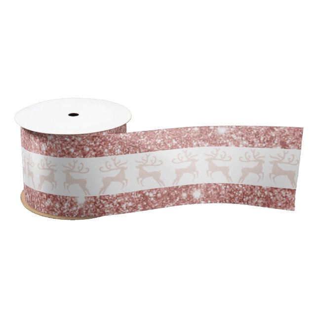 Elegant White and Rose Gold Glitter Christmas Deer Satin Ribbon (Spool)